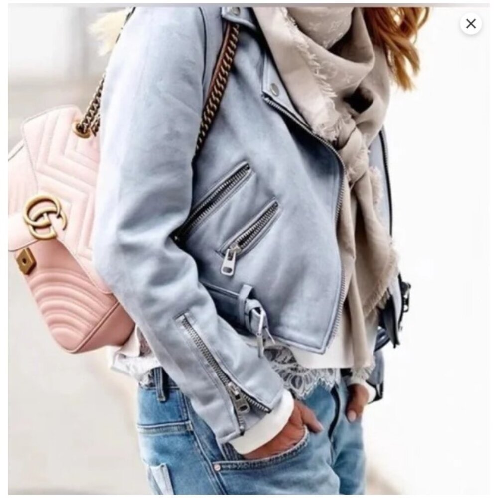 Zara Light Blue Suede Moto Jacket